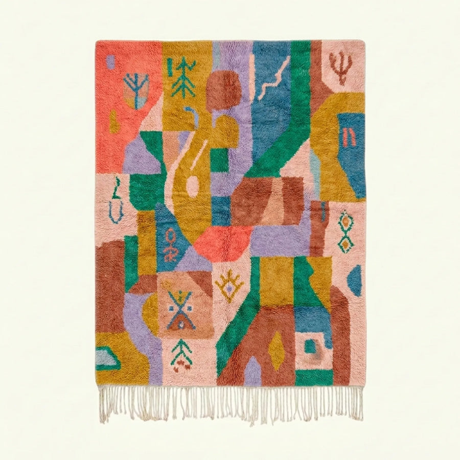 Full view of the Azalir Boujaad rug in coral, ochre, teal and lilac with symbolic patchwork color blocks