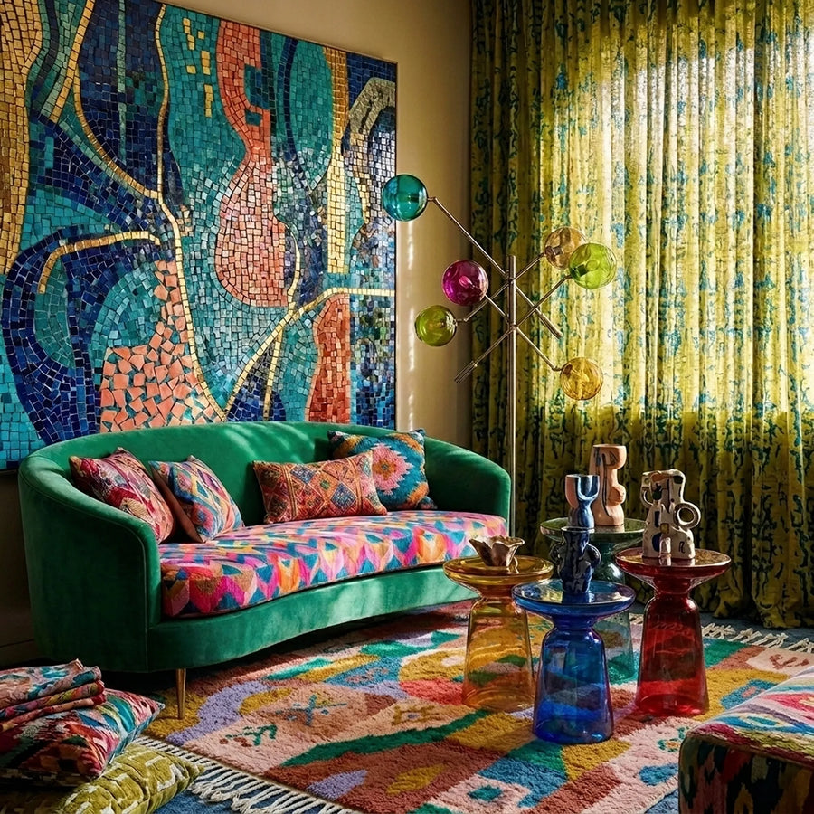Azalir Boujaad rug styled in a colorful room with its coral, ochre and teal patchwork design visible