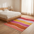 Tamuli rug placed on wooden floor beside a bed with cream linen, showing colour-block stripes in bedroom setting