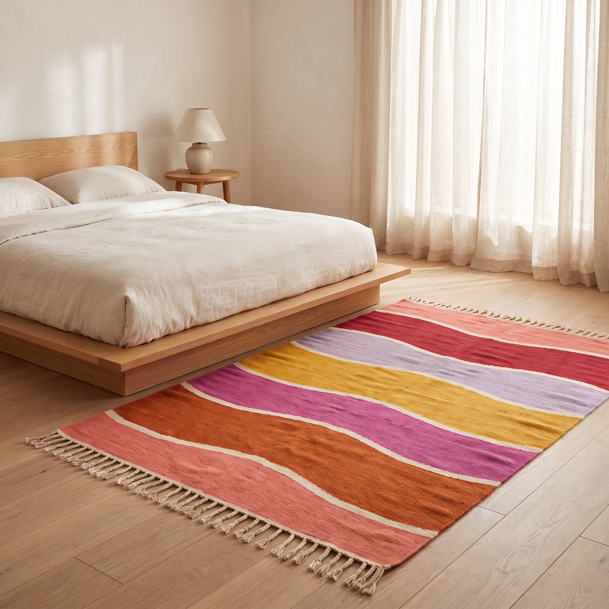 Tamuli rug placed on wooden floor beside a bed with cream linen, showing colour-block stripes in bedroom setting