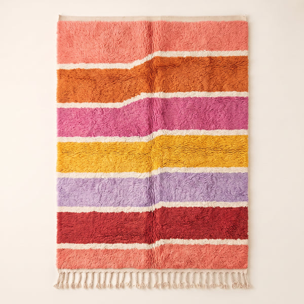 Coral, Orange, Pink, Yellow, Purple & Red Boujaad Rug – Striped Bands – Tamuli