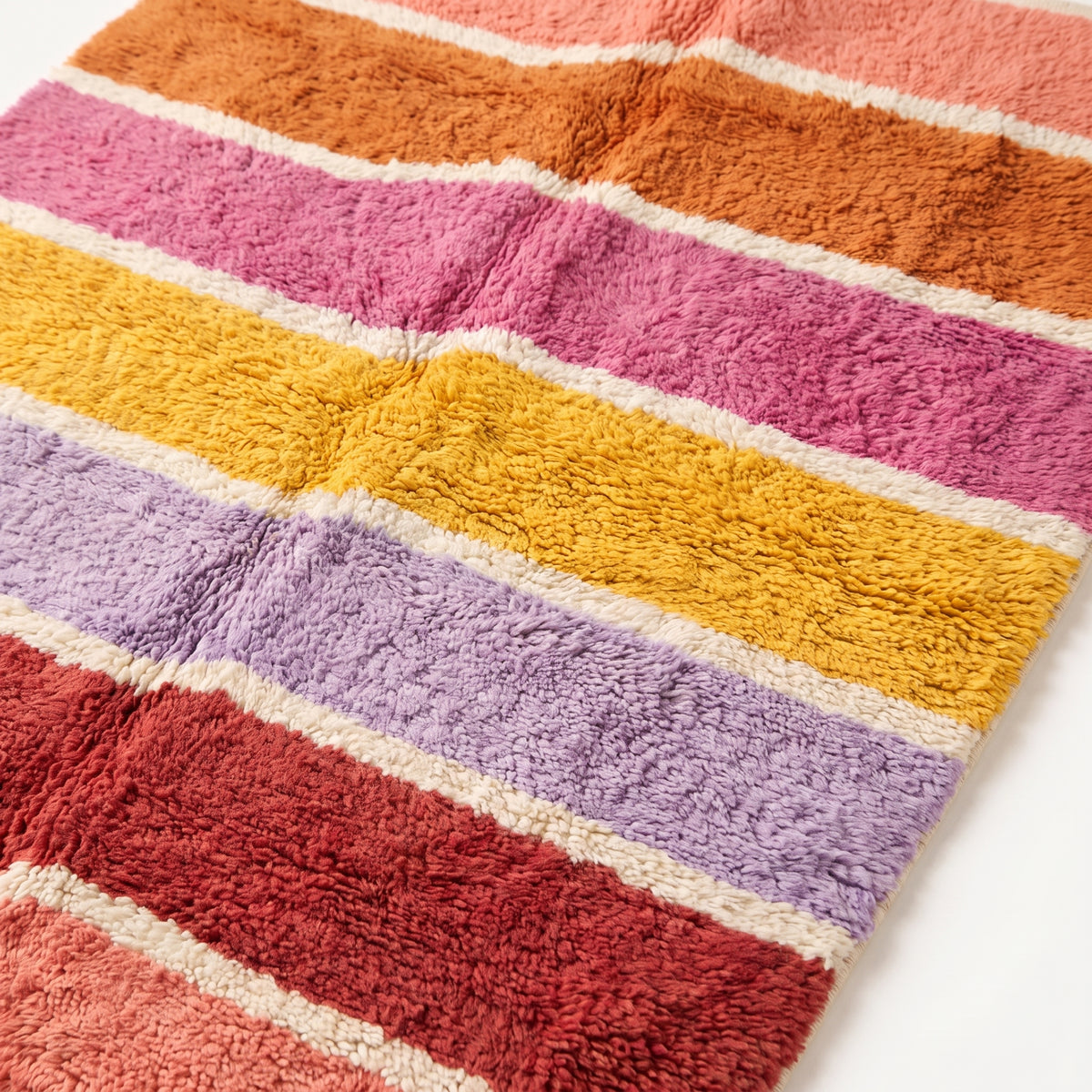 Close-up angled view of Tamuli rug showing soft pile texture and colour transitions between coral, orange, pink, yellow, purple and red stripes