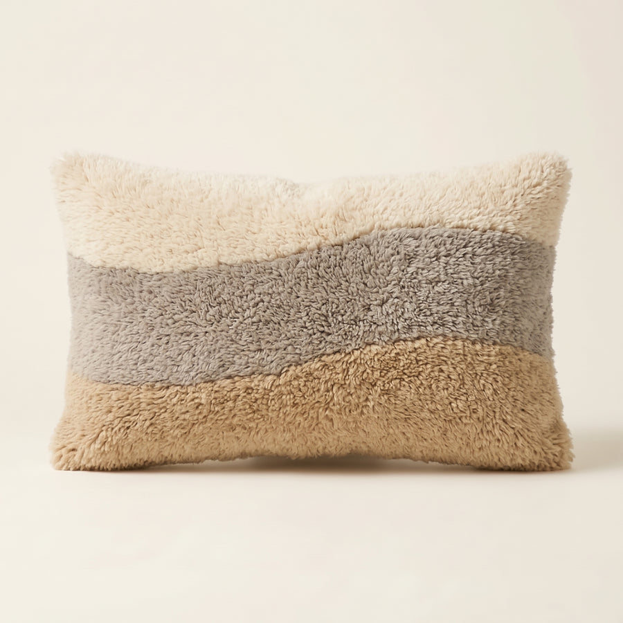 Cream, Grey & Sand Moroccan wool lumbar pillow, Tonal Bands design, 14 x 24 in