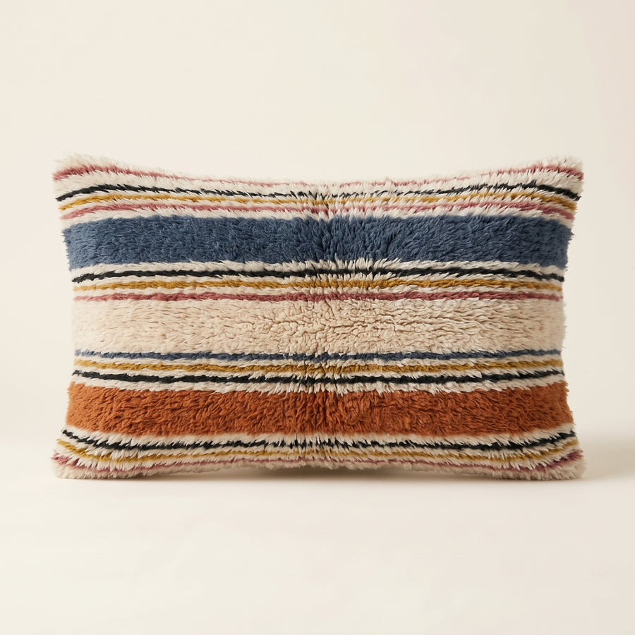 Cream, Navy & Rust Moroccan wool lumbar pillow, Wide Narrow design, 14 x 24 in