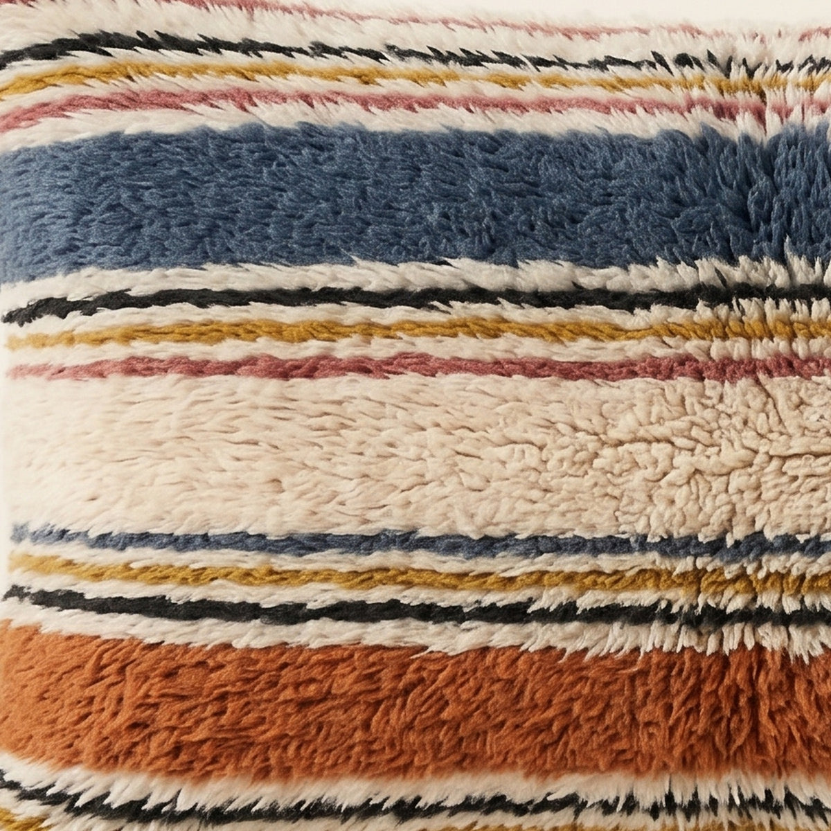 Side view of the Aghbalu Moroccan pillow showing its cream, navy and rust wool pile