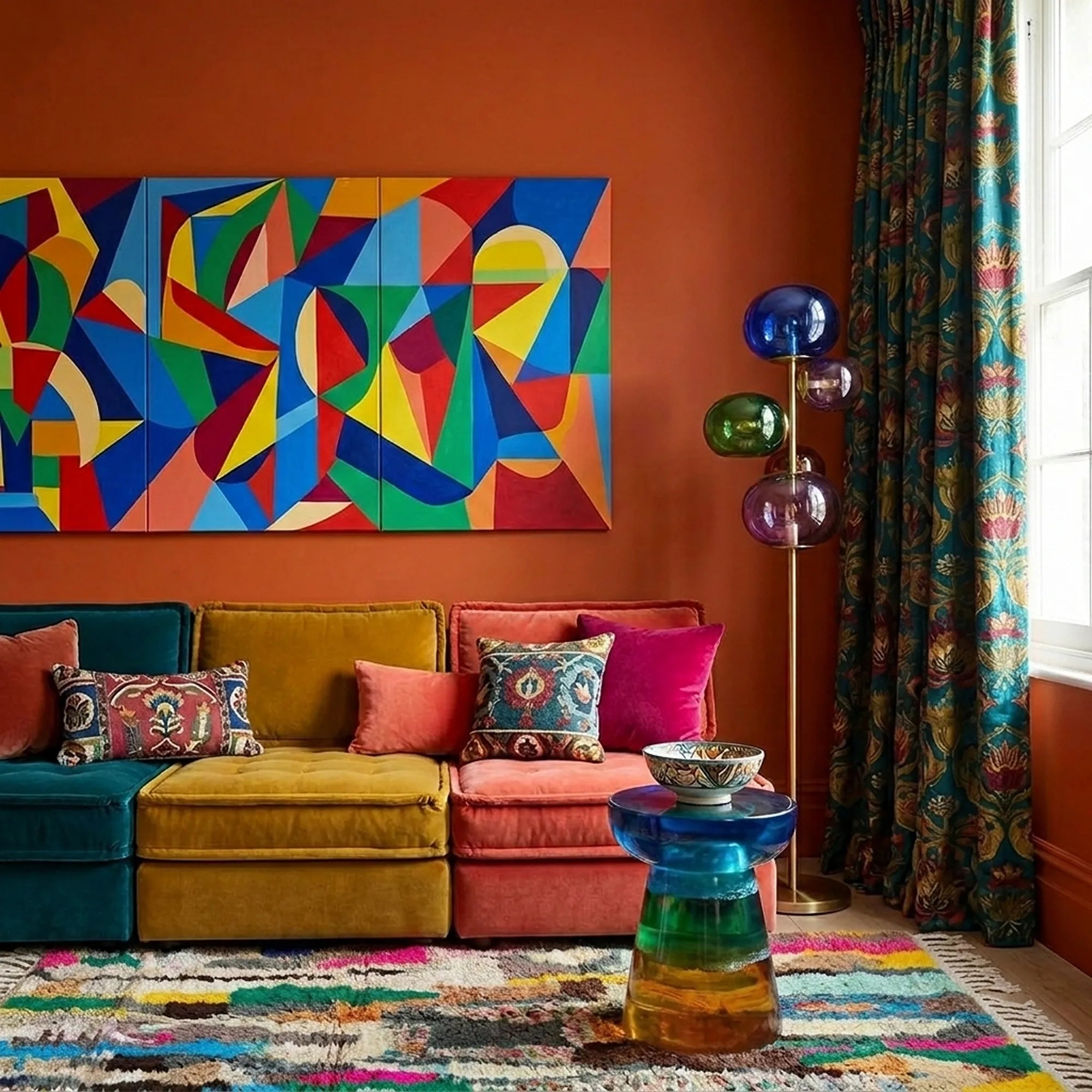 Tifran Boujaad rug styled in a colorful living room with its cream-ground abstract patchwork design visible