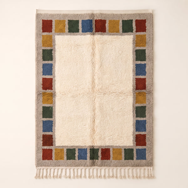 Tapis Mrirt Crème, Rouille, Moutarde, Vert et Bleu – Bordure color block – Tawenza