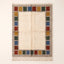 Cream Mrirt rug with colour block border frame in rust, mustard, forest green and slate blue stacked squares, flat lay on plain background