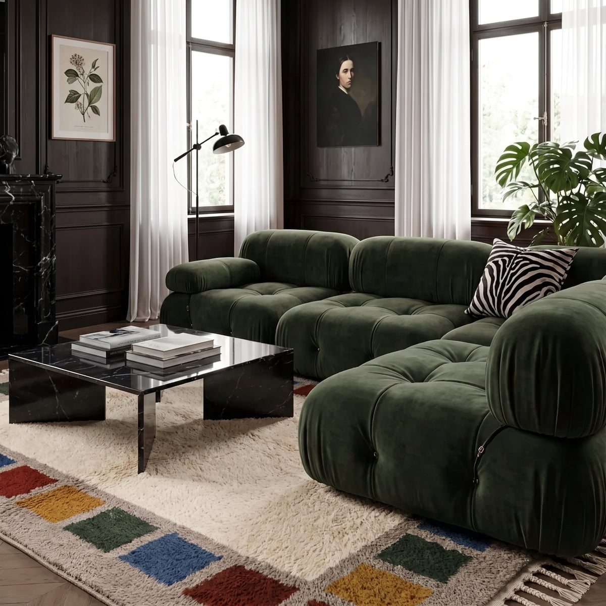 Cream Mrirt rug with colour block border in dark interior with green sofa and black coffee table