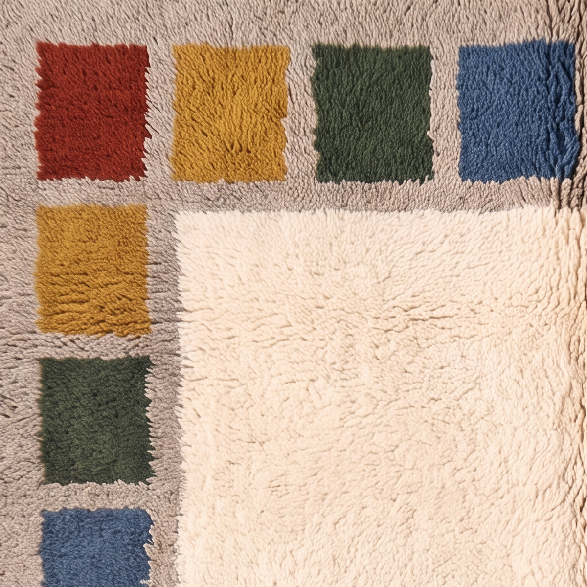 Angled pile detail showing depth and texture of cream field with colour blocks in rust, mustard, green and blue
