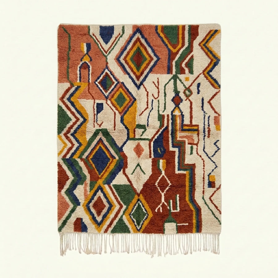 Full view of the Asifran Boujaad rug in cream, terracotta, forest green, mustard and navy with layered diamond lattice motifs