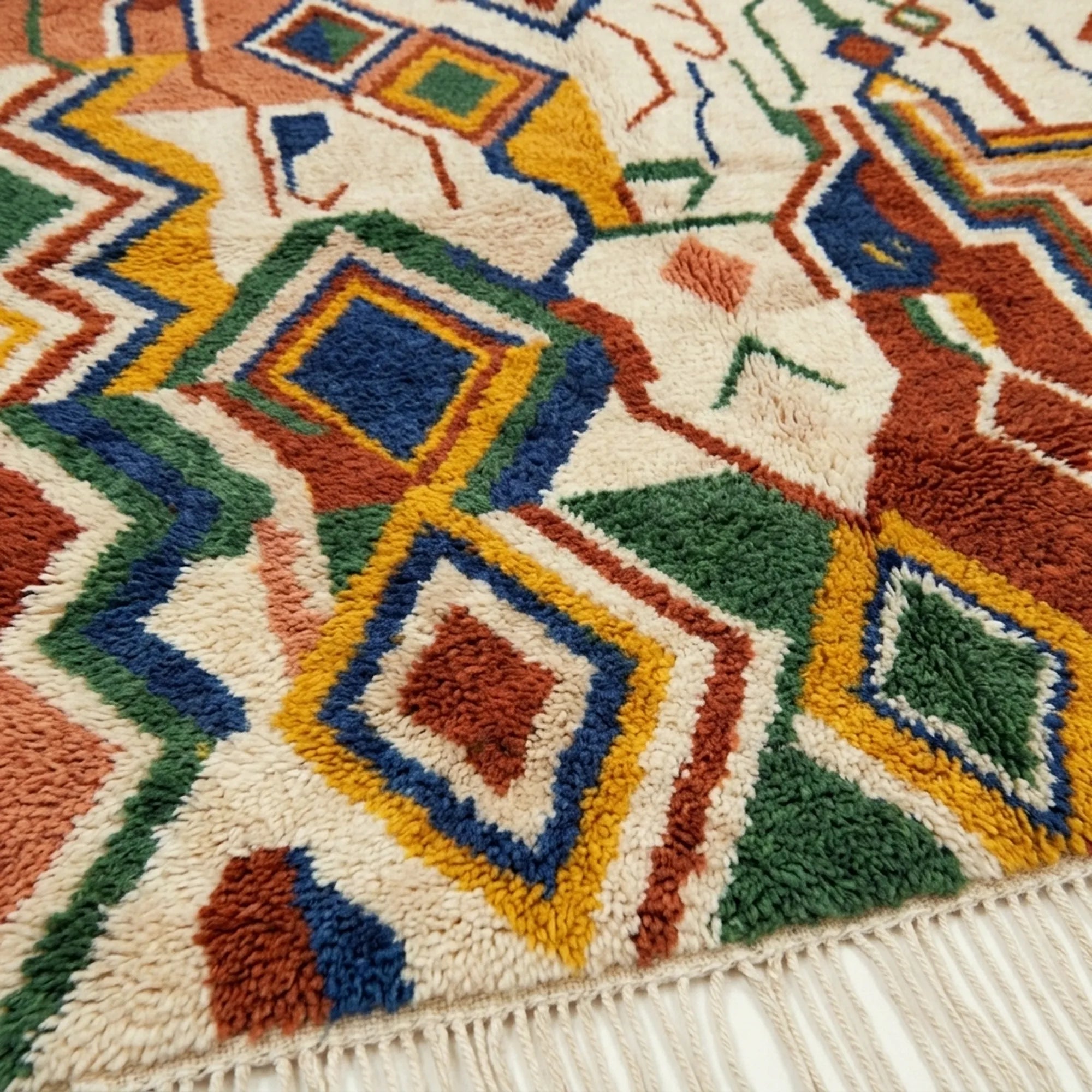 Close-up of the Asifran Boujaad rug showing plush cream and terracotta hand-knotted wool texture