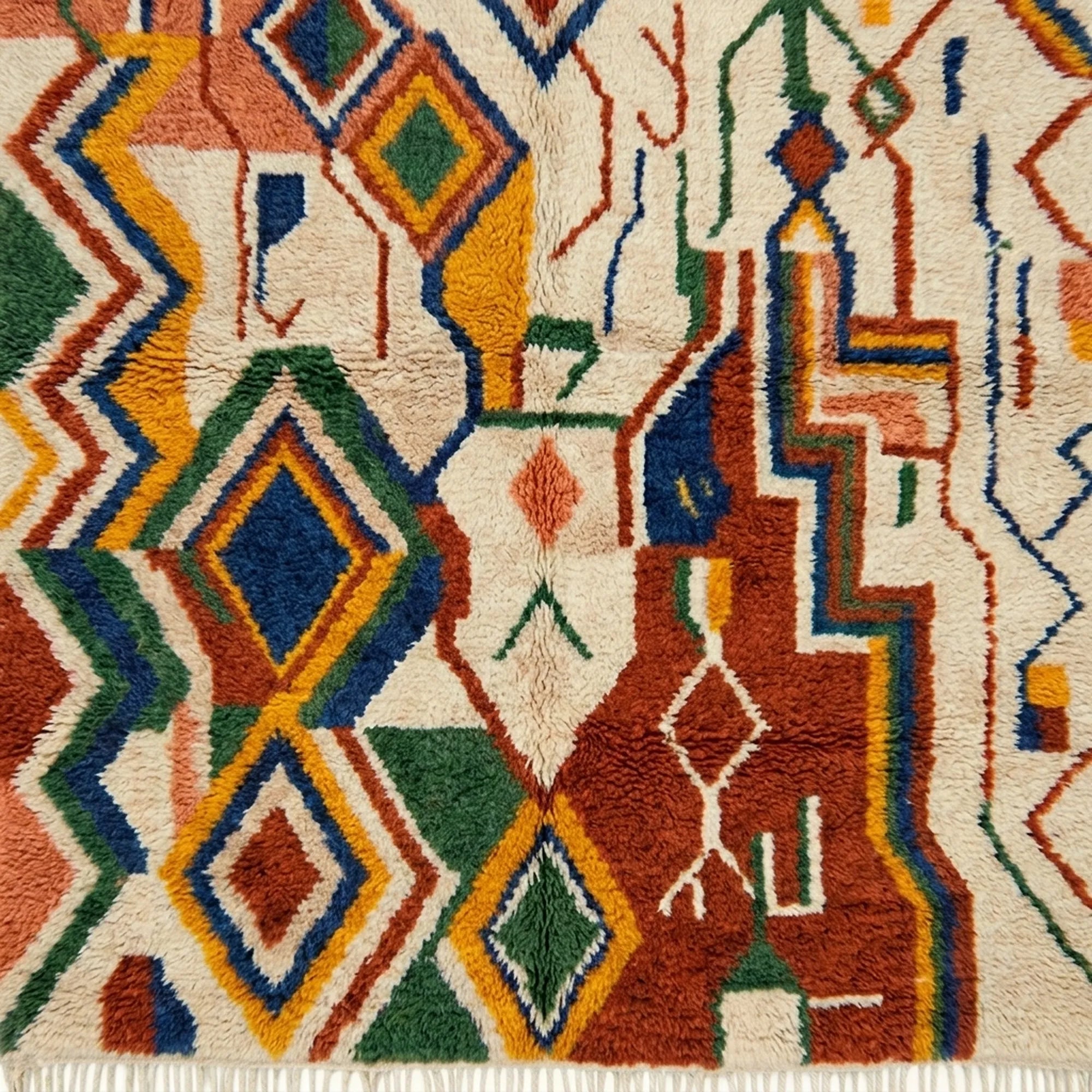 Diamond detail on the Asifran Boujaad rug with forest green, mustard, navy and terracotta accents