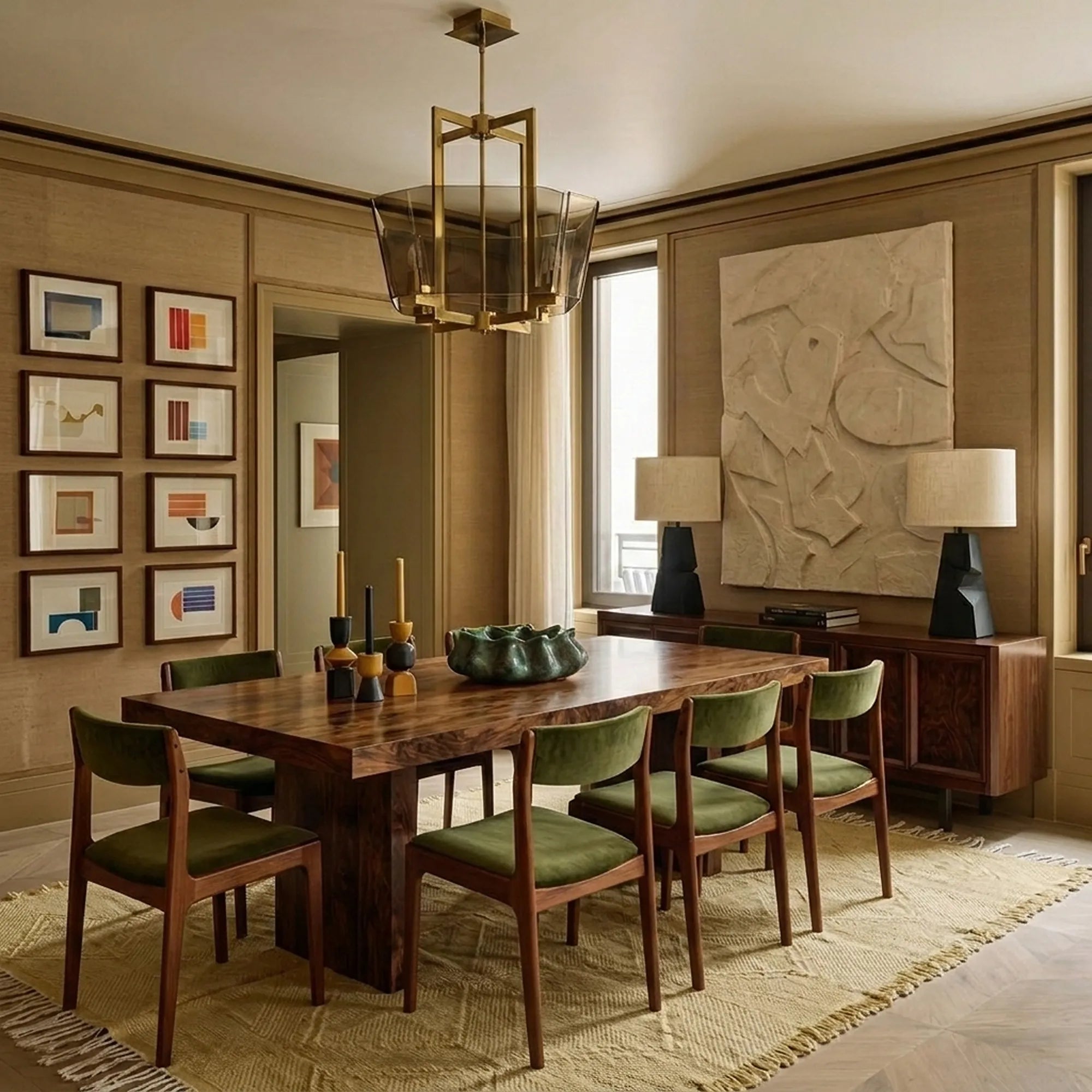 Cream Zanafi kilim rug Aitounir with minimal panels, lifestyle room view