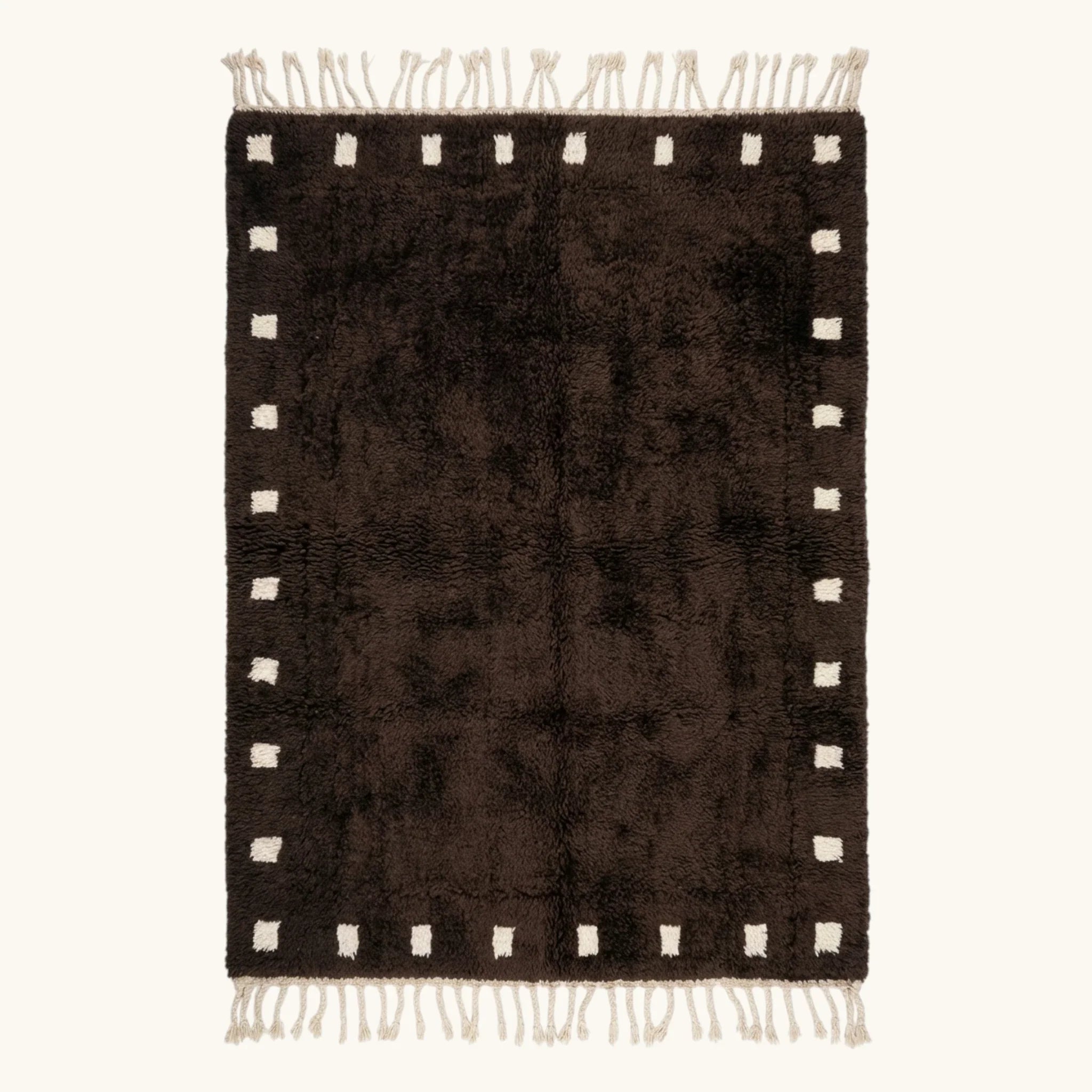 Full view of the dark brown and ivory square border Beni Ourain rug.