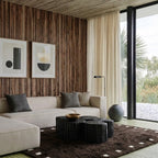 Dark brown and ivory square border Moroccan rug styled in a living room.