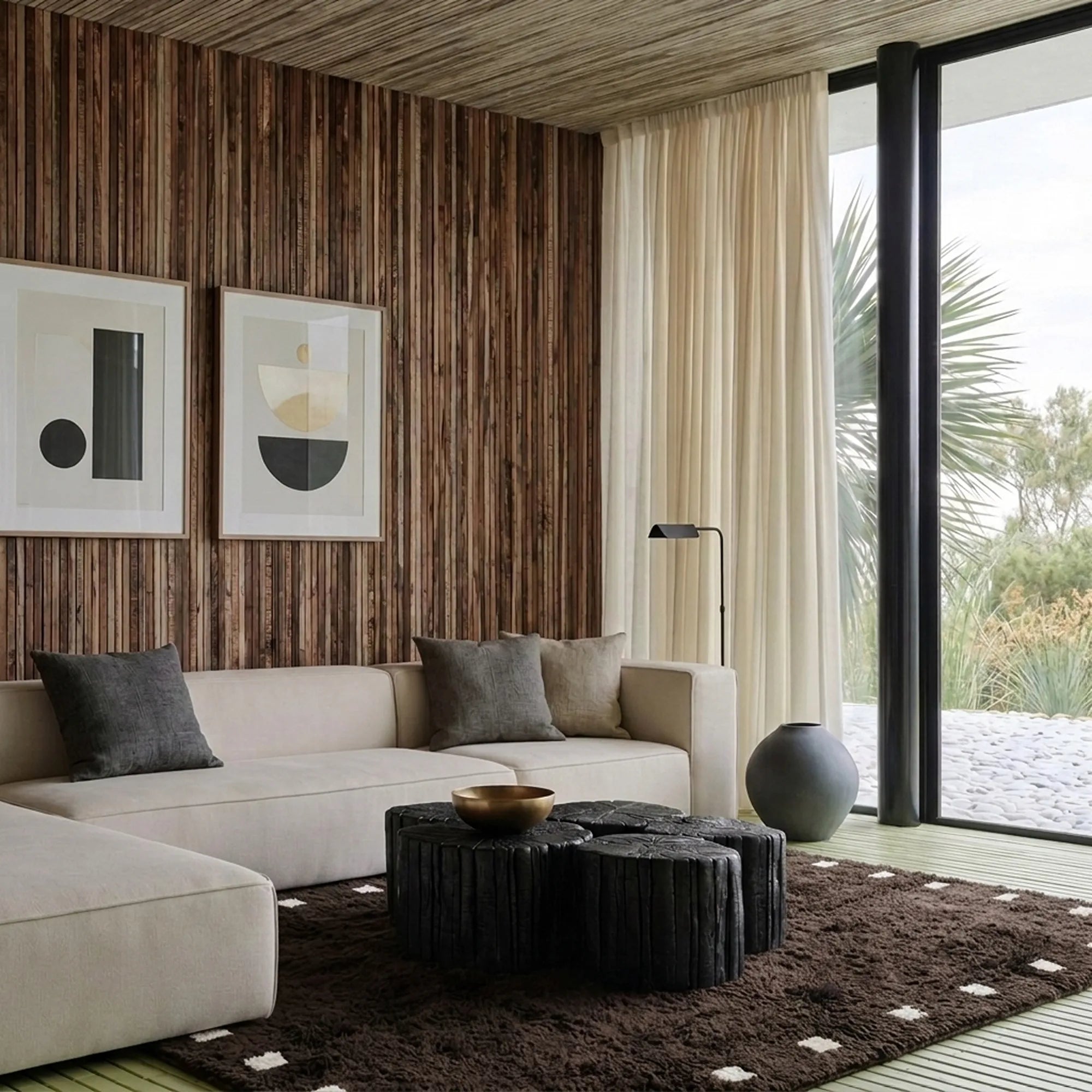 Dark brown and ivory square border Moroccan rug styled in a living room.