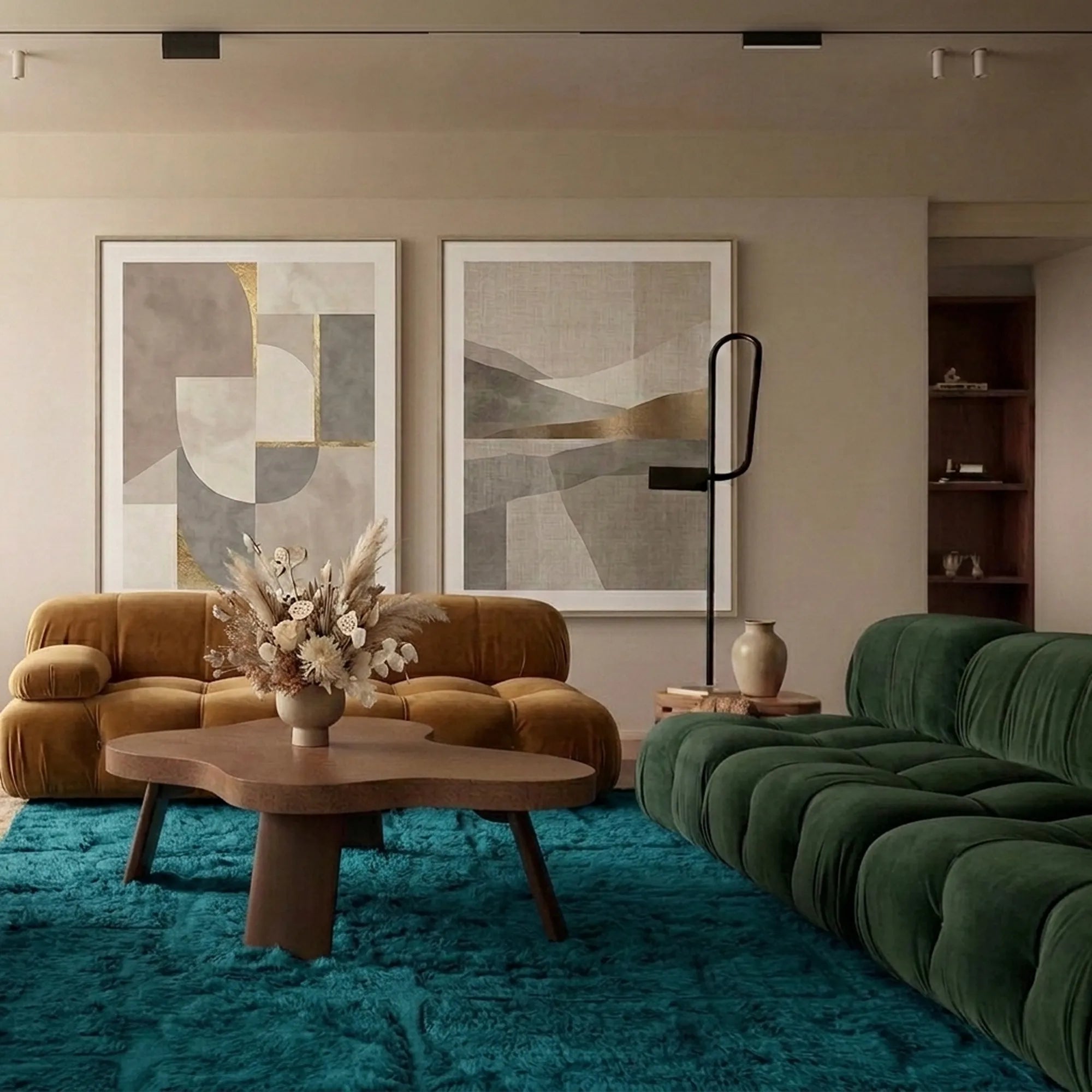 Deep teal Mrirt rug Tayriq styled in a living room