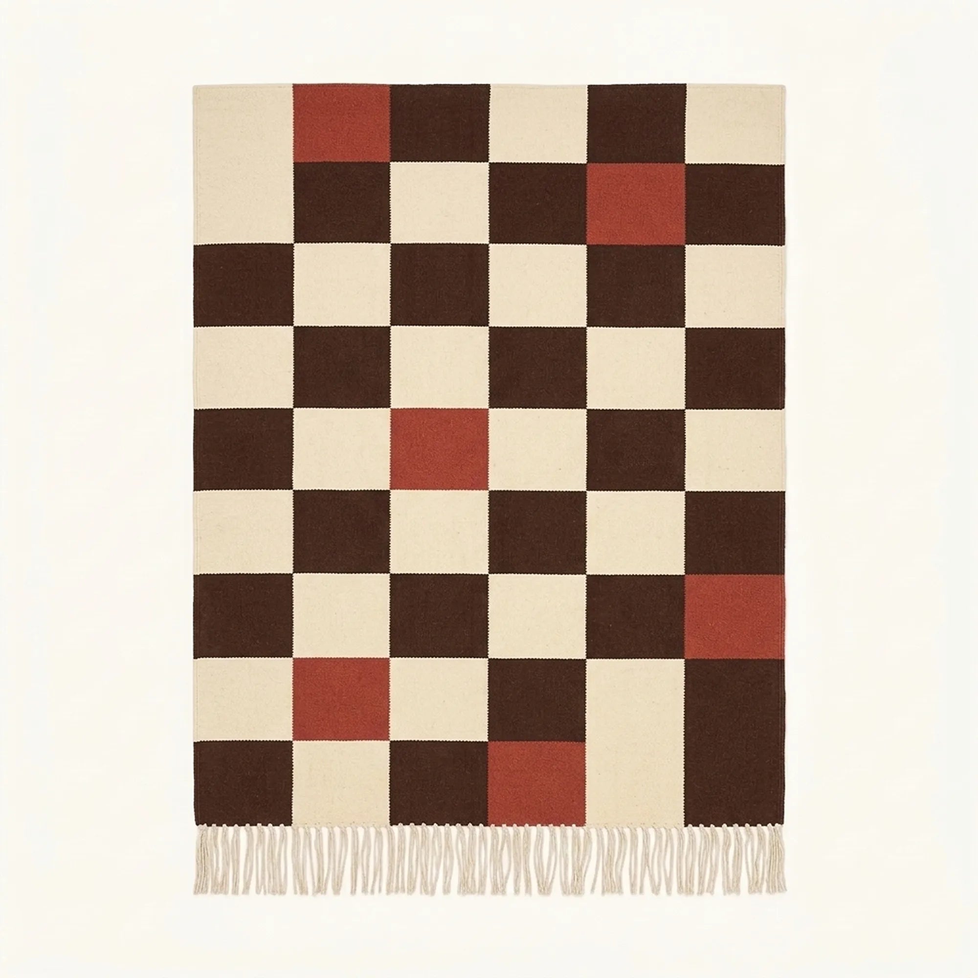 Ivory Zanafi rug Demnate with brown checkerboard pattern, full rug view