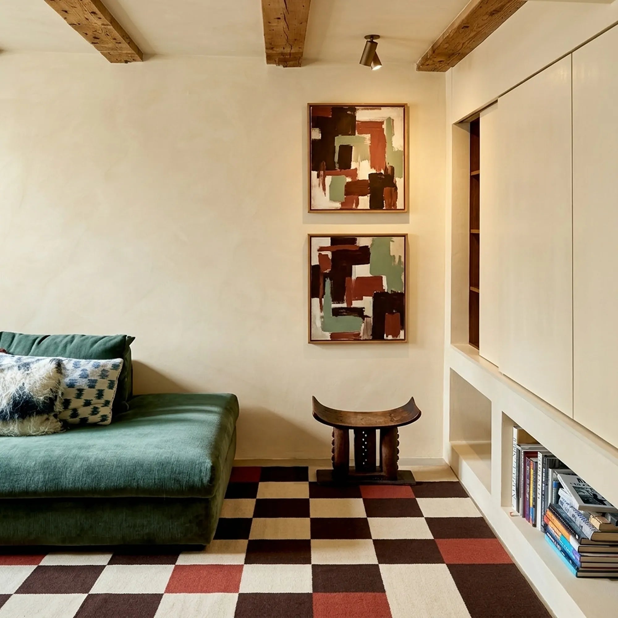 Ivory Zanafi rug Demnate checkerboard pattern in a modern living room