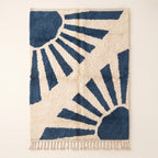 Denim & Ivory Beni Ourain Rug with Radiant Rays motif—full flat view showing sun-like radiating bands and corner geometric shapes