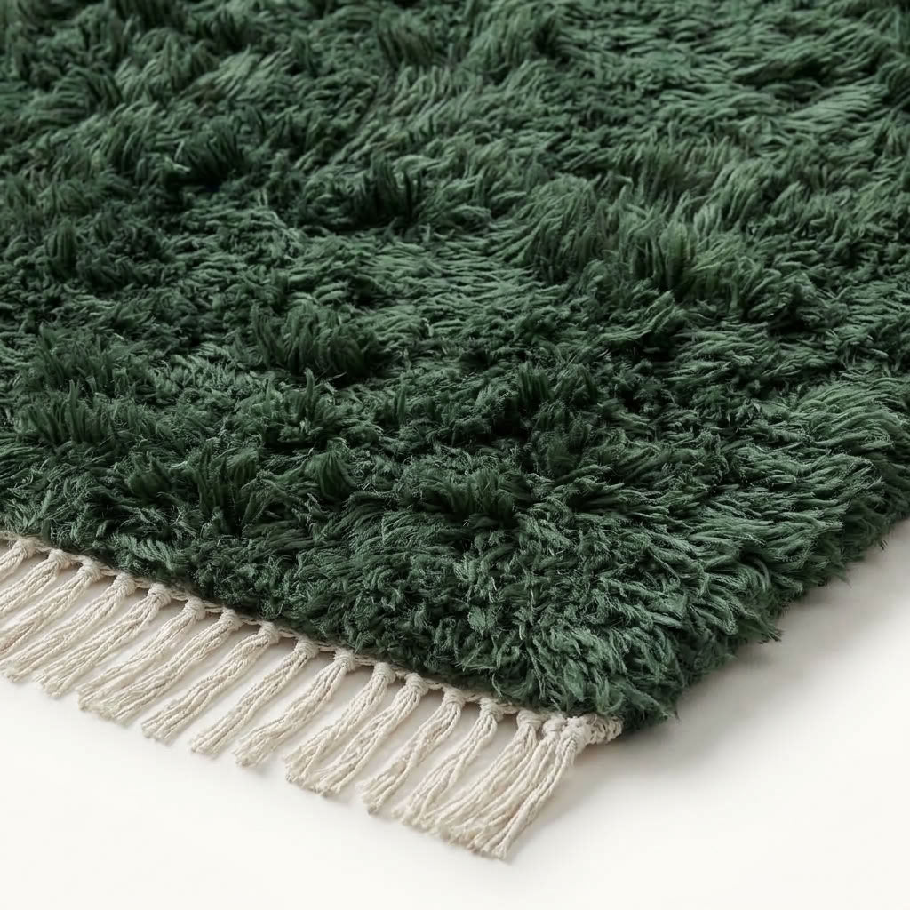 Close-up of ivory fringe and forest green pile edge on Beni Ourain rug Tafrara