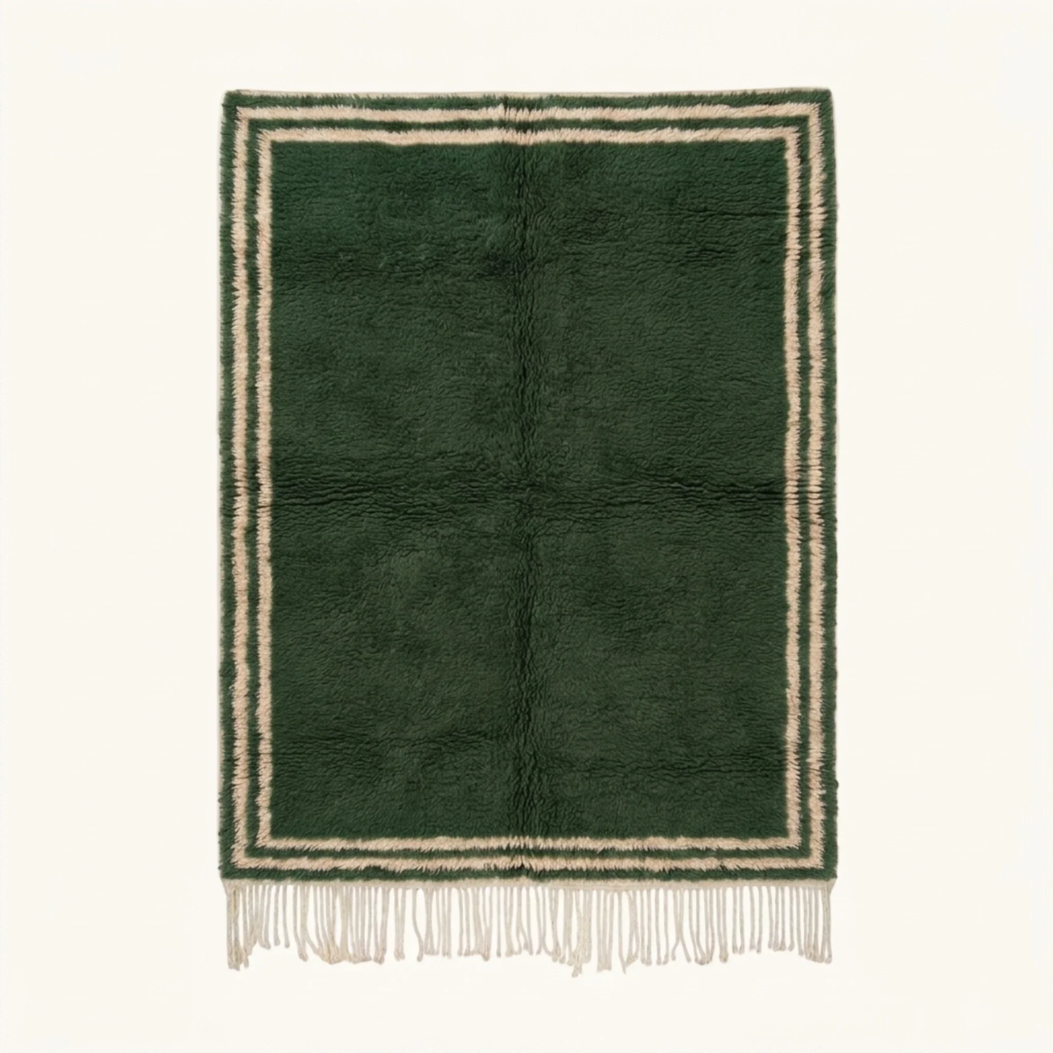 Full view of the Tafukt forest green and ivory Beni Ourain rug with a double border design.