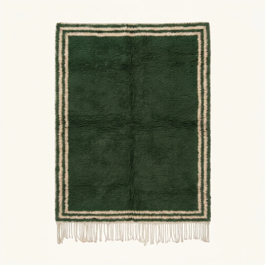 Full view of the Tafukt forest green and ivory Beni Ourain rug with a double border design.