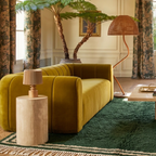 Tafukt forest green and ivory Beni Ourain rug styled in a refined living room.