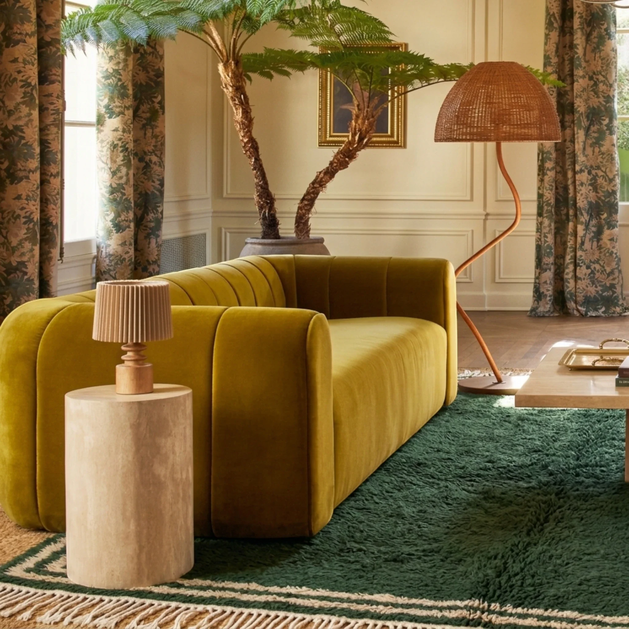 Tafukt forest green and ivory Beni Ourain rug styled in a refined living room.