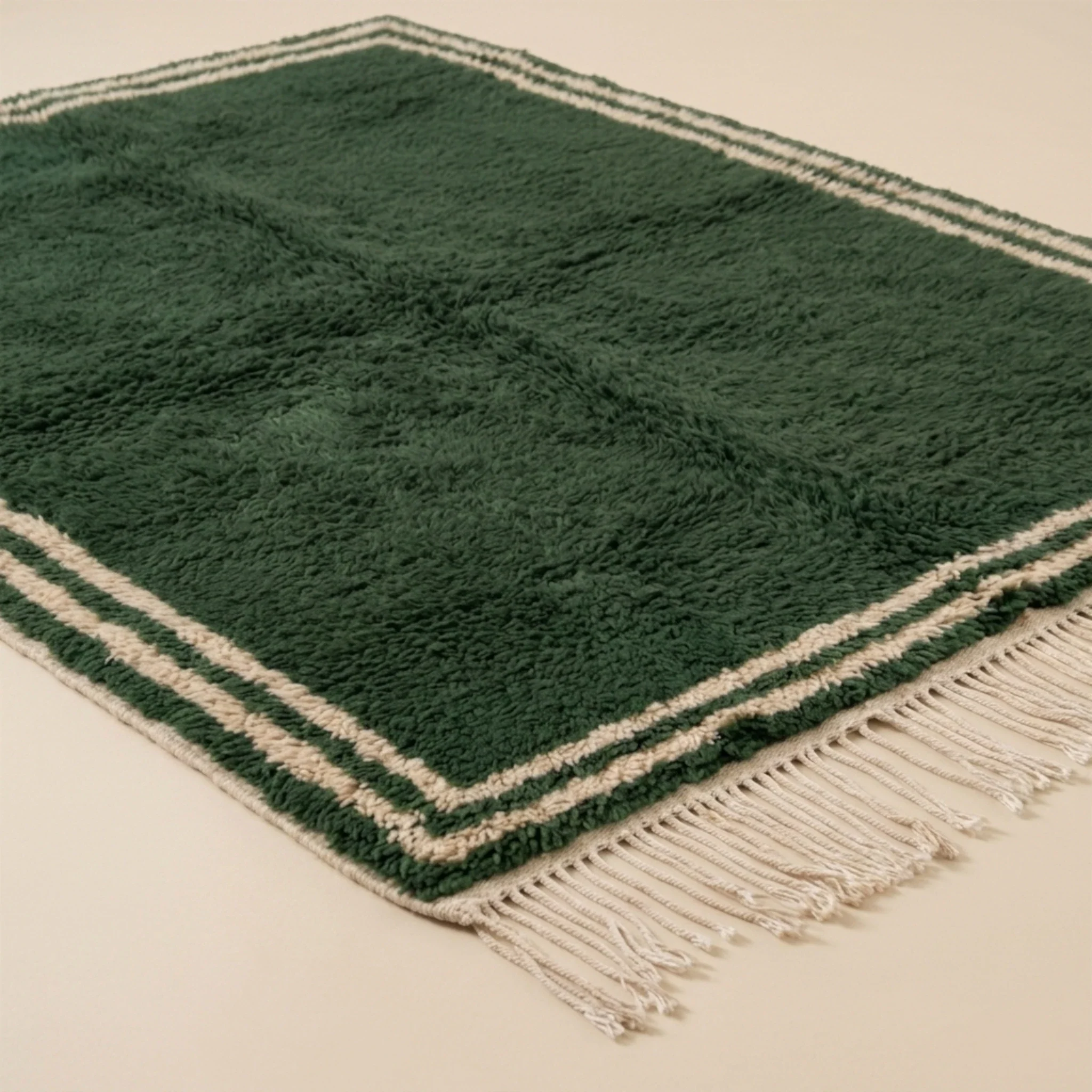 Angled full view of the Tafukt forest green rug showing its ivory double border.