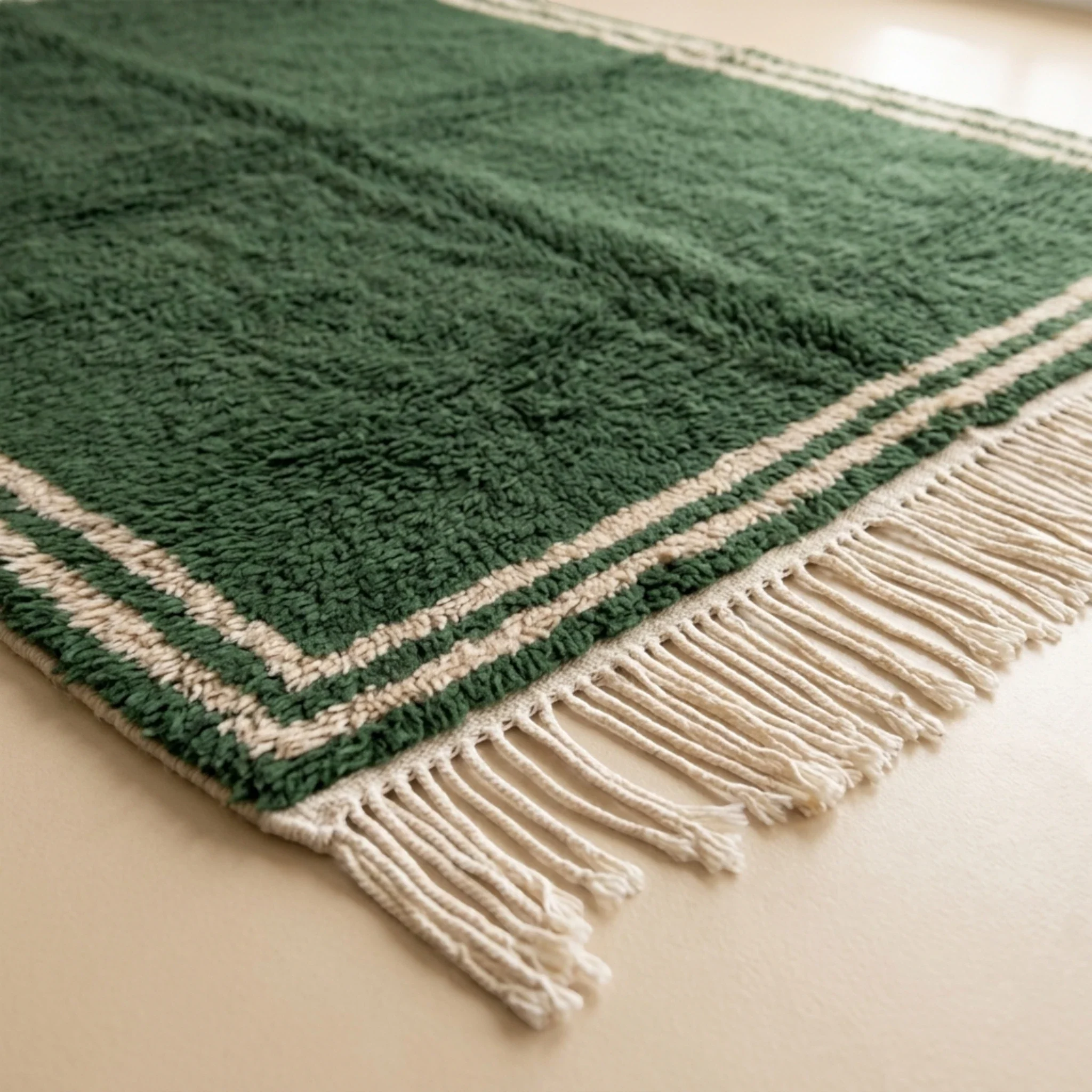 Corner and hand-tied fringe detail of the Tafukt green and ivory wool rug.