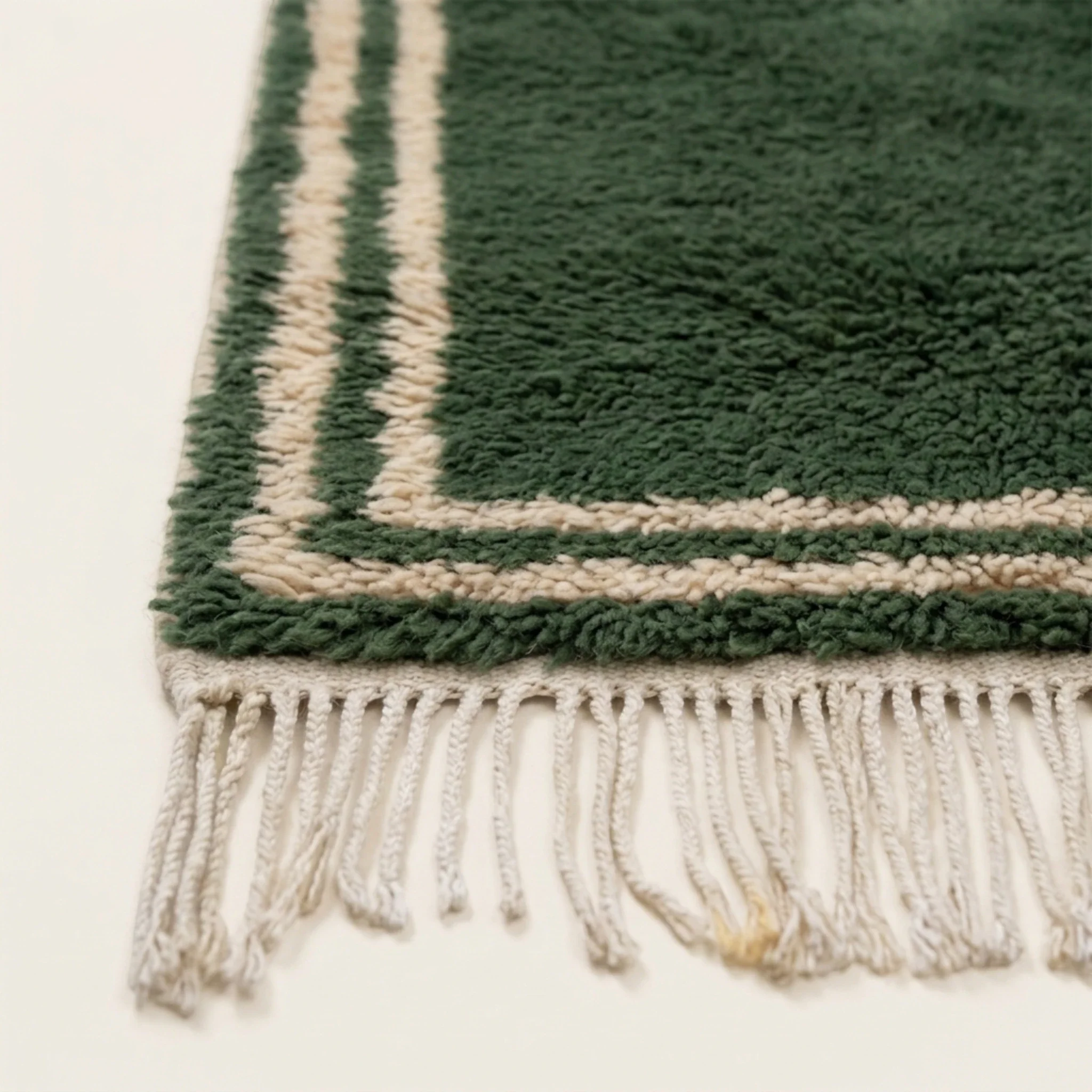 Close-up of the hand-tied ivory fringe on the Tafukt Beni Ourain rug.
