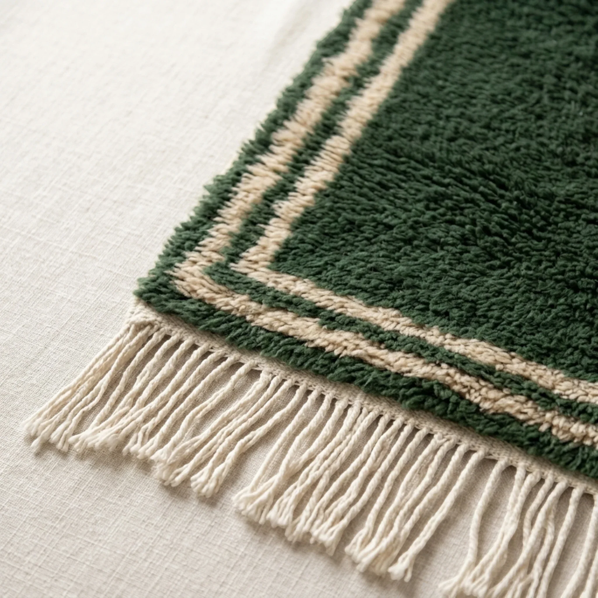 Ivory double border and fringe craftsmanship on the Tafukt forest green rug.
