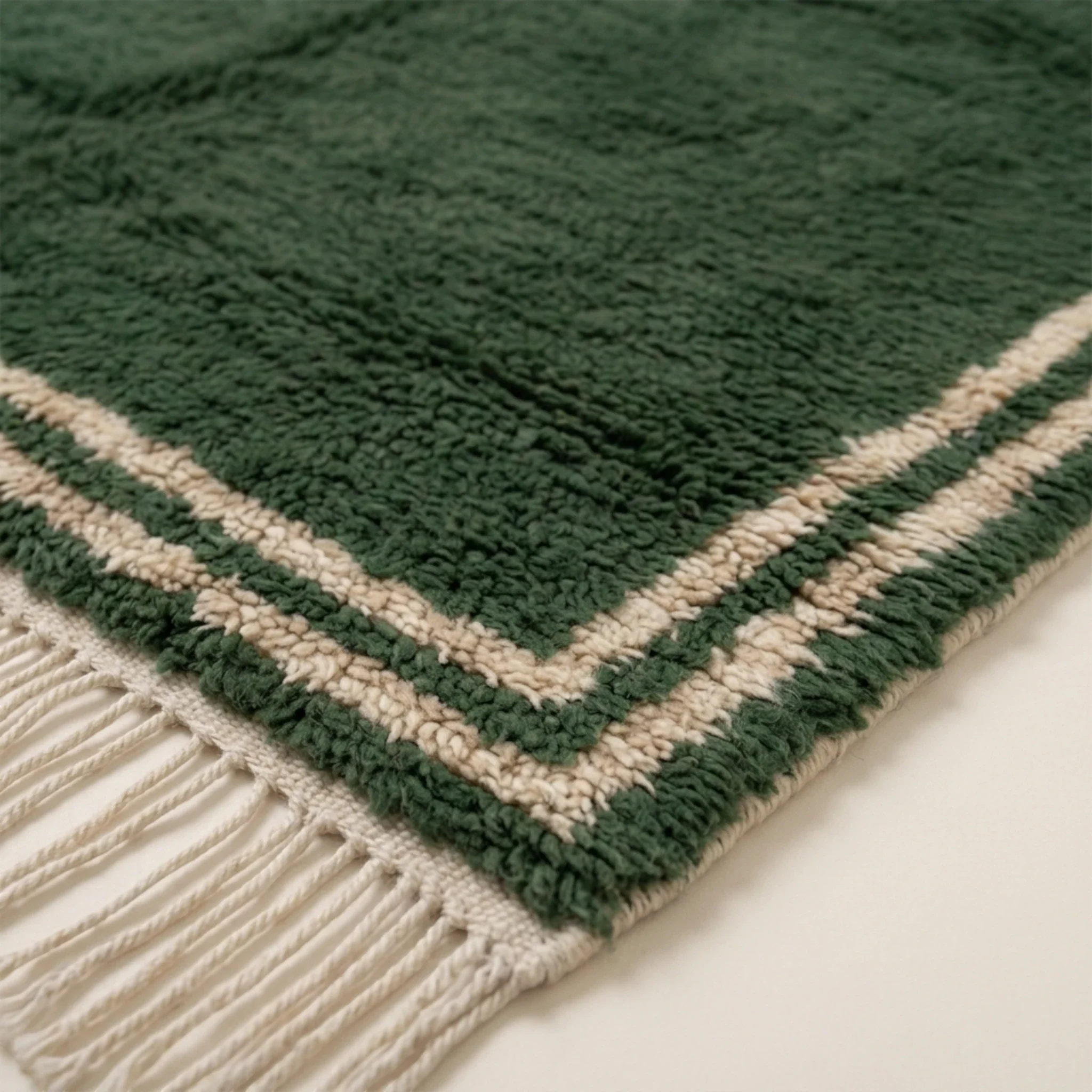 Detailed corner view of the Tafukt forest green and ivory Beni Ourain rug.
