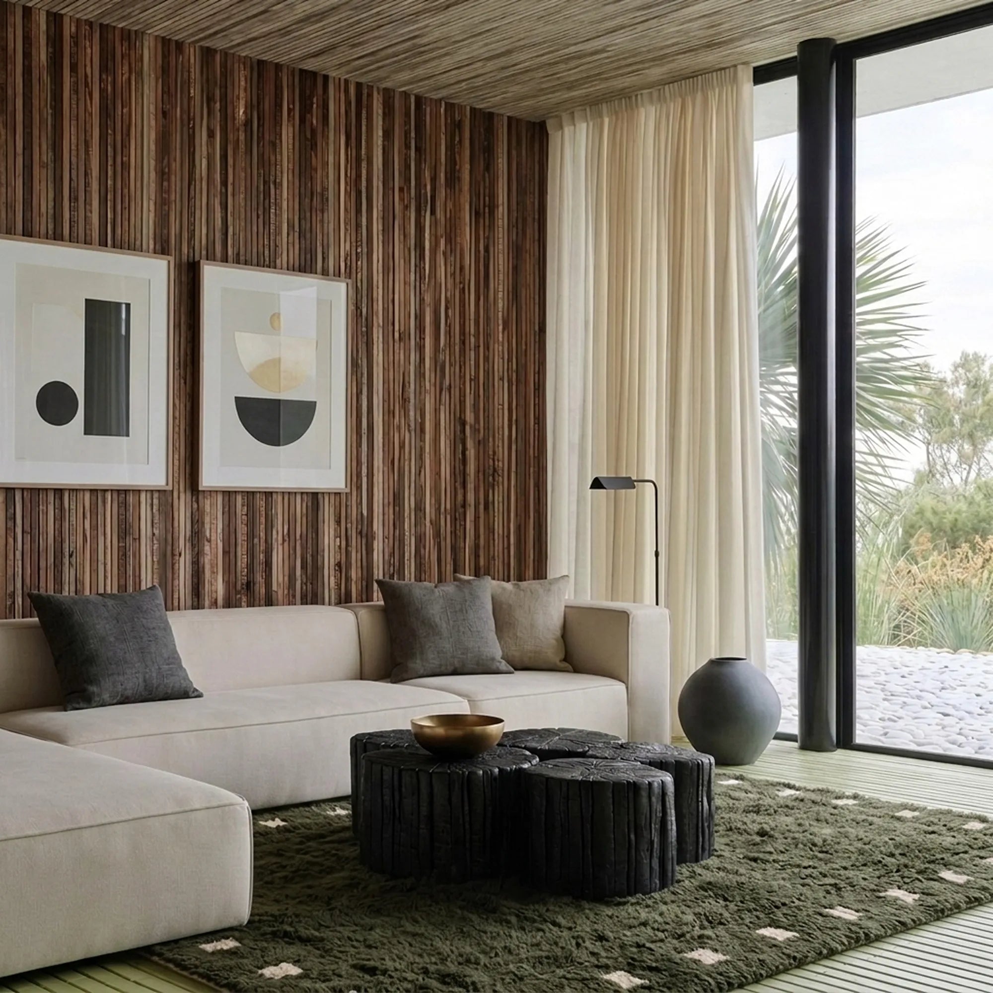 Forest green and ivory square border Moroccan rug styled in a living room.
