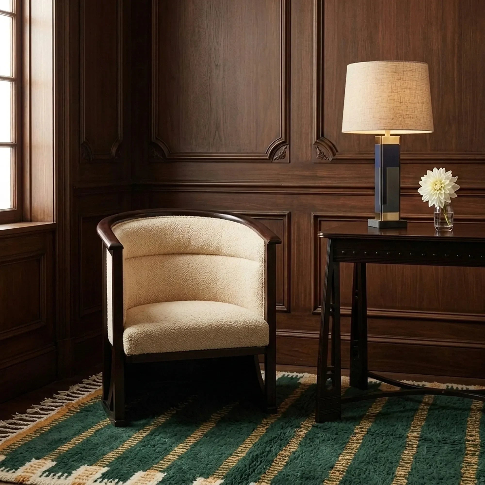 Azru forest green, ochre and ivory Beni Ourain rug styled in a refined living room.