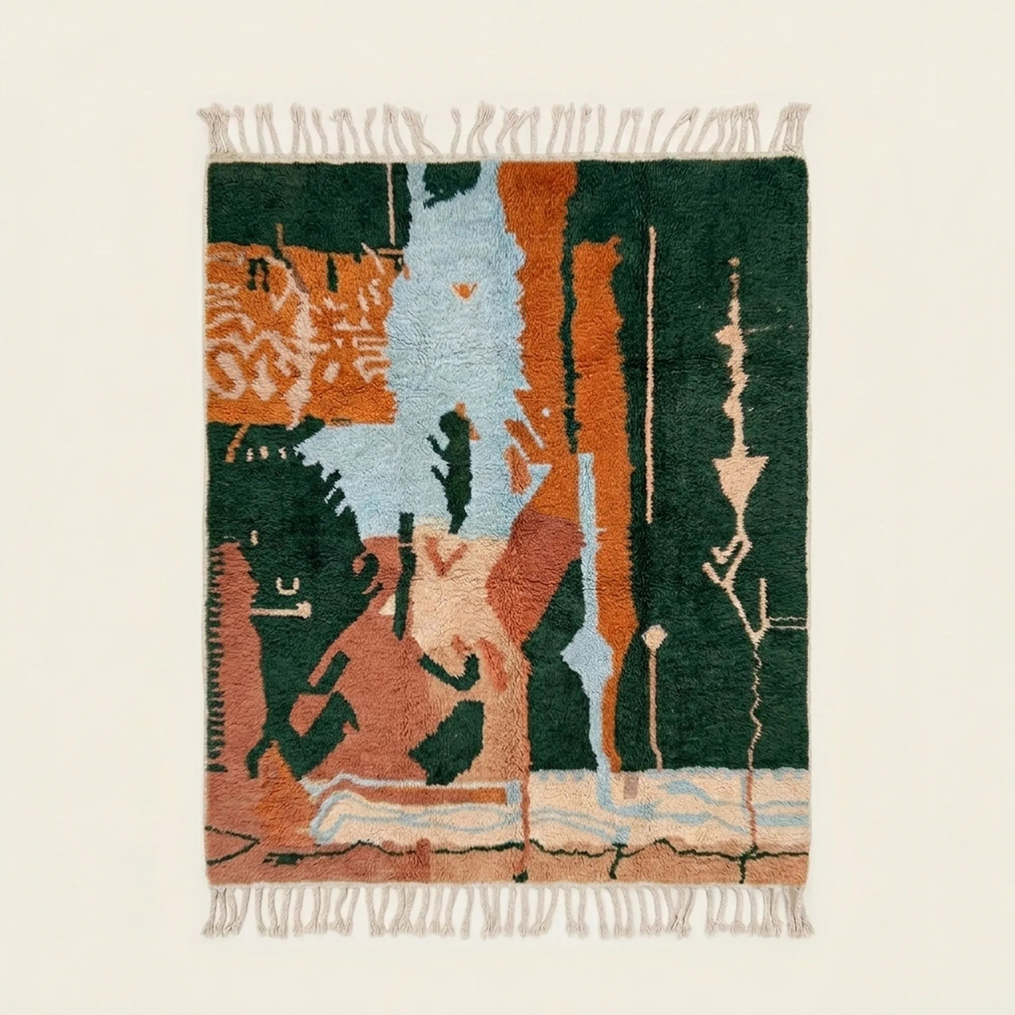 Full view of the Azelwan Boujaad rug in forest green, terracotta, blue and cream with painterly vertical bands and abstract marks