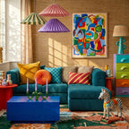 Azelwan Boujaad rug styled in a colorful interior with its forest green, terracotta and blue abstract design visible