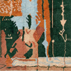 Edge detail of Azelwan showing forest green, terracotta, blue and cream abstract woven bands