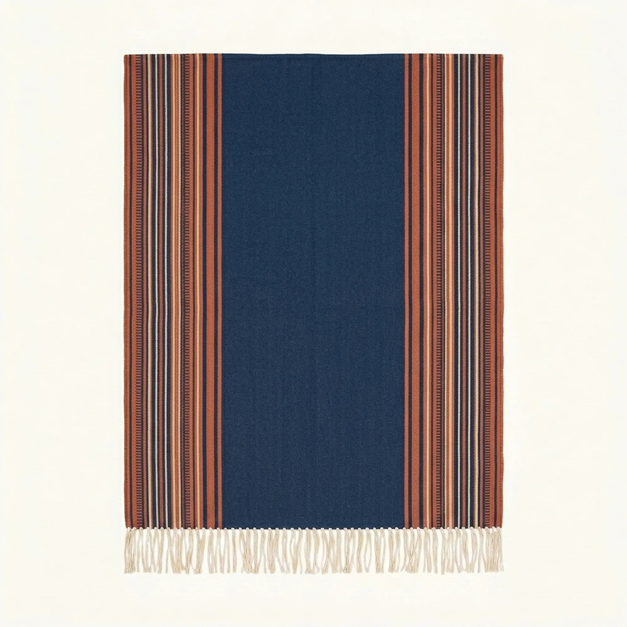 Navy Zanafi Kilim rug Foum Zguid with rust striped borders, full rug view