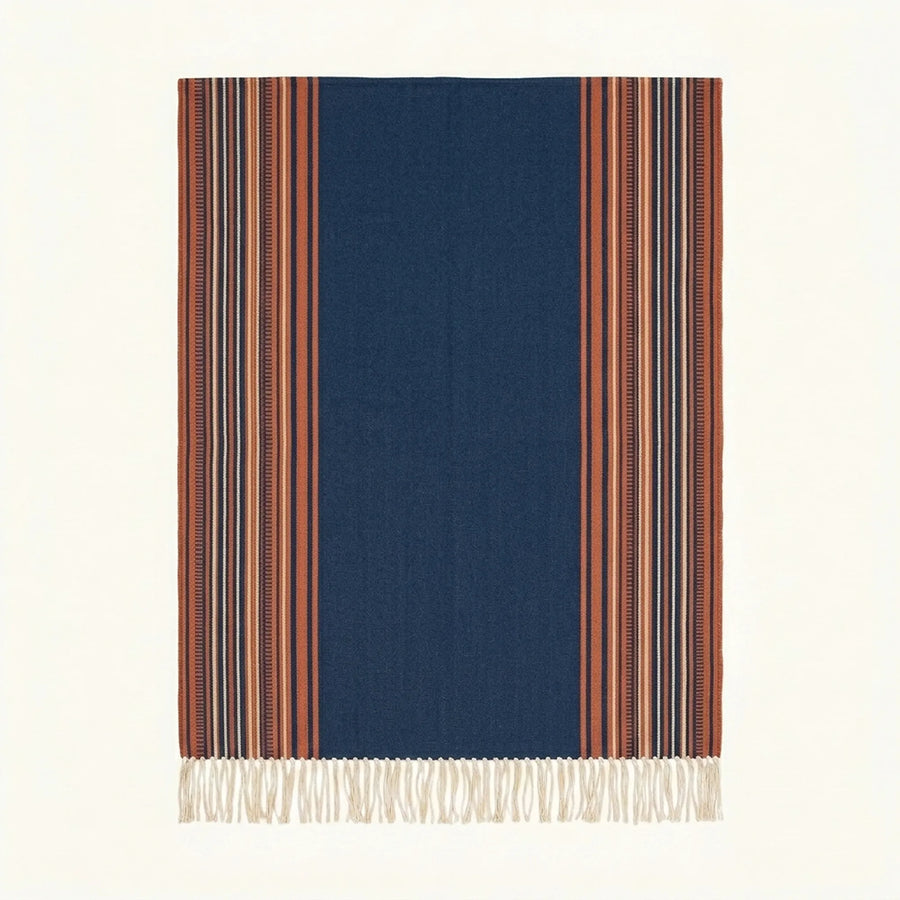 Navy Zanafi Kilim rug Foum Zguid with rust striped borders, full rug view