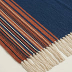 Navy Zanafi Kilim rug Foum Zguid, rust border and fringe detail