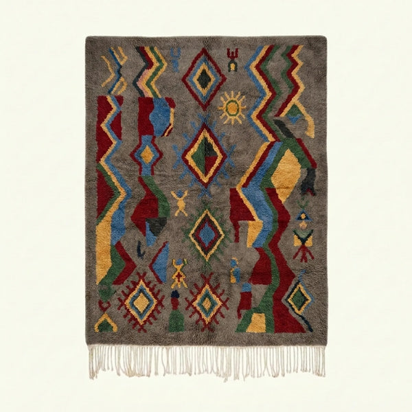 Gray, Blue and Red Boujaad Rug – Scattered Diamond and Zigzag Symbol Design – Abridan