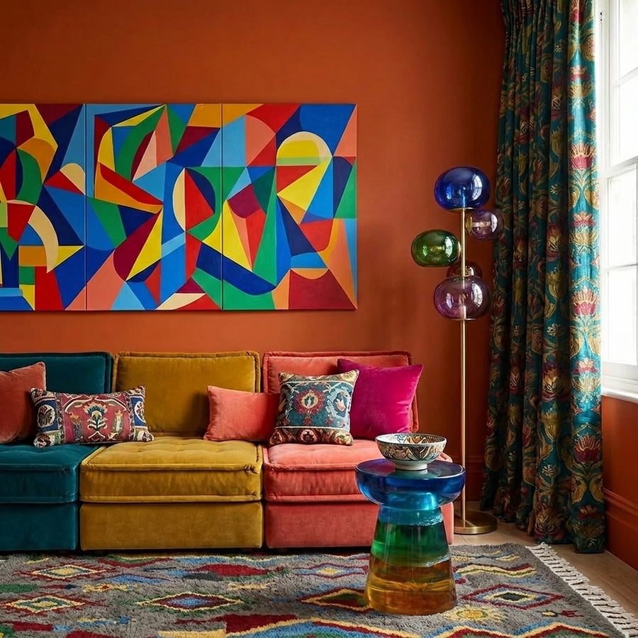 Abridan Boujaad rug styled in a colorful living room with its gray ground and scattered geometric motifs visible