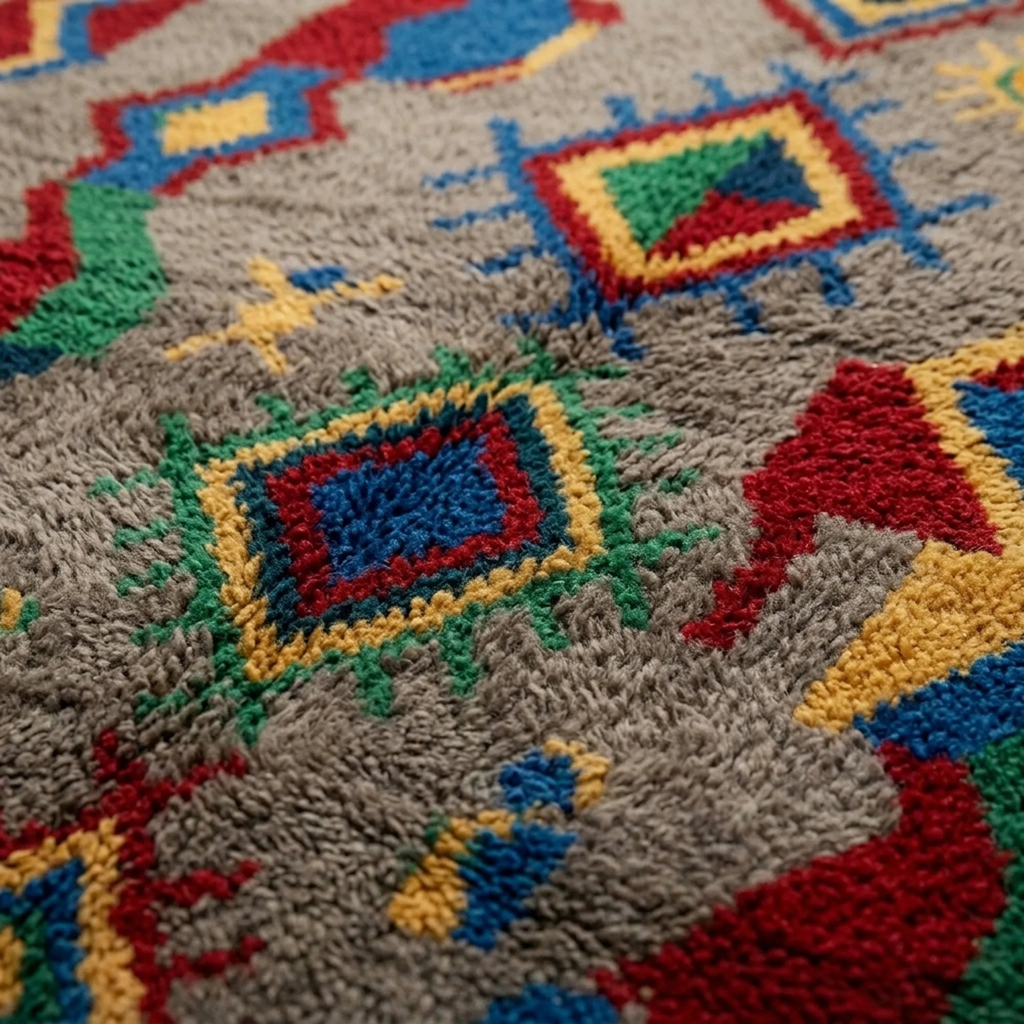 Detailed view of Abridan showing stepped zigzags, diamonds and small handwoven symbols on gray wool