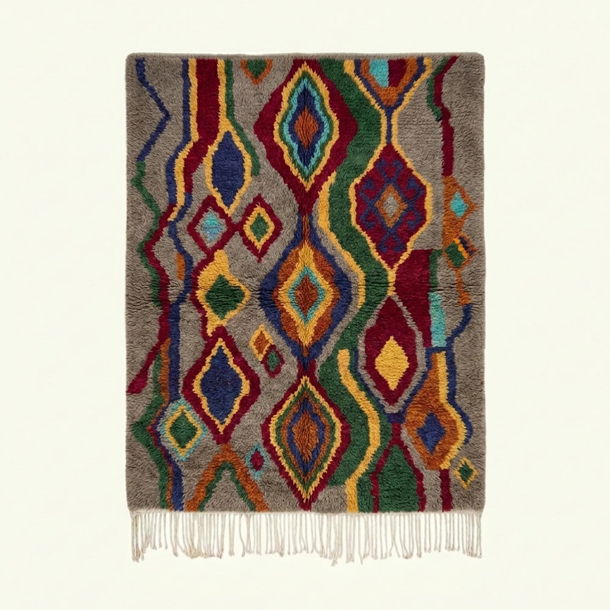 Full view of the Tazallit Boujaad rug in gray, red, green, blue and ochre with layered diamond and wavy line motifs