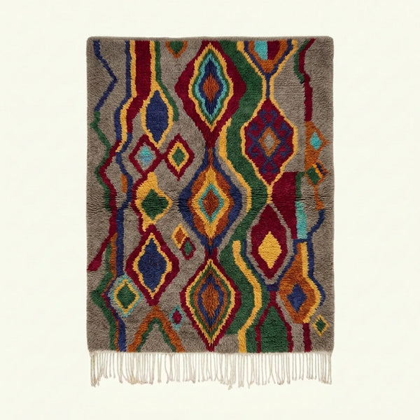 Gray, Red and Green Boujaad Rug – Layered Diamond and Wavy Line Design – Tazallit