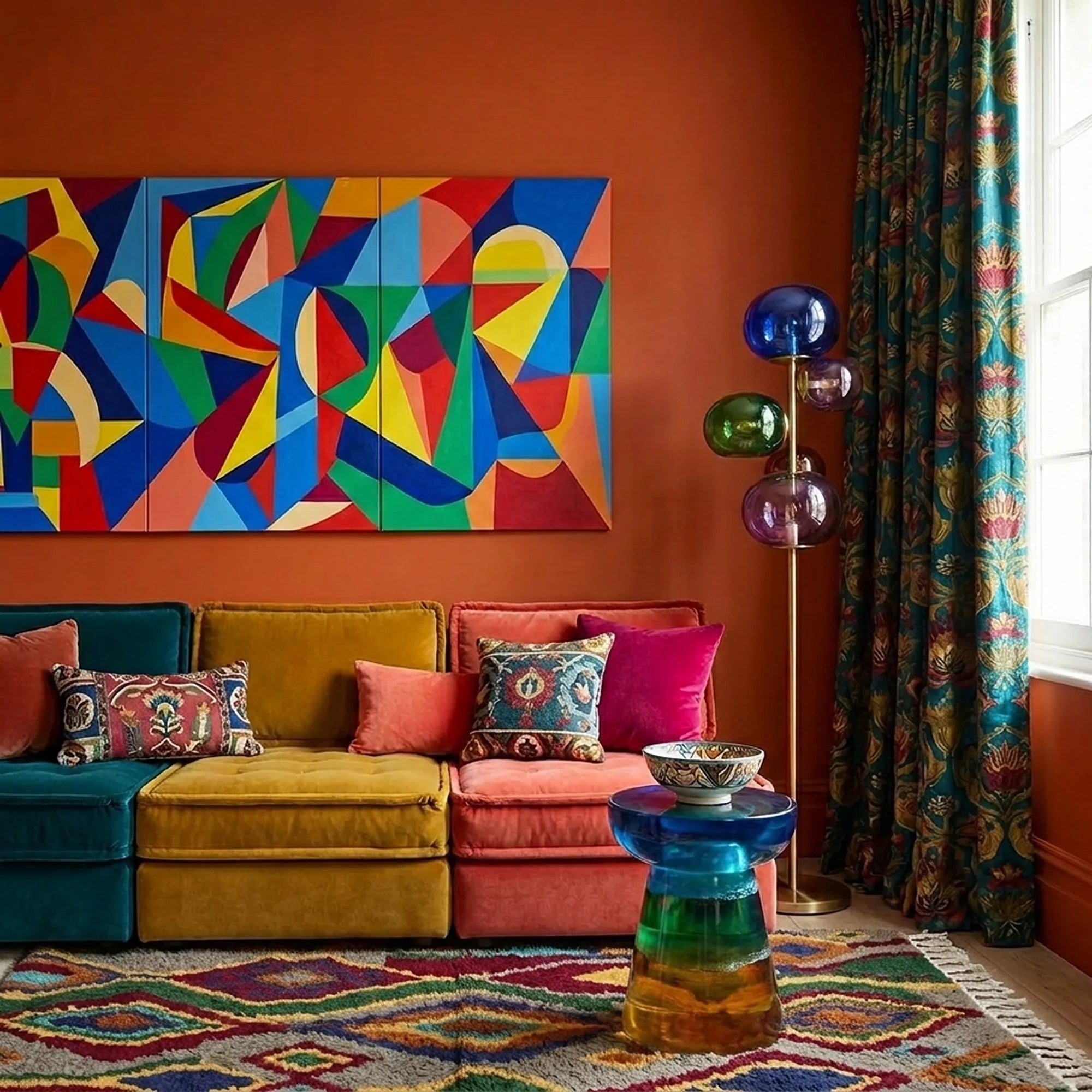 Tazallit Boujaad rug styled in a living room with its multicolor diamond and wavy line design visible