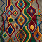 Pattern close-up of Tazallit showing layered diamonds, wavy lines and multicolor motifs across a gray wool ground